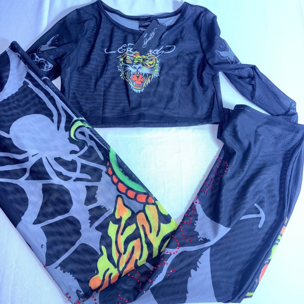 Ed Hardy Mesh Skirt Set L Black NWT Tattoo Tiger Snake Rhinestone Y2K Crop Top